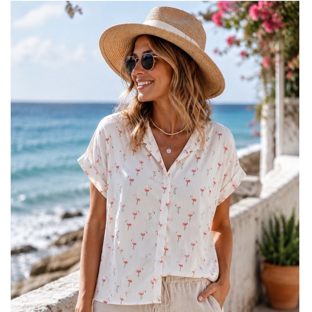 Per Se Women Flamingo Print Blouse Short Sleeve Button Down Tropical Shirt M